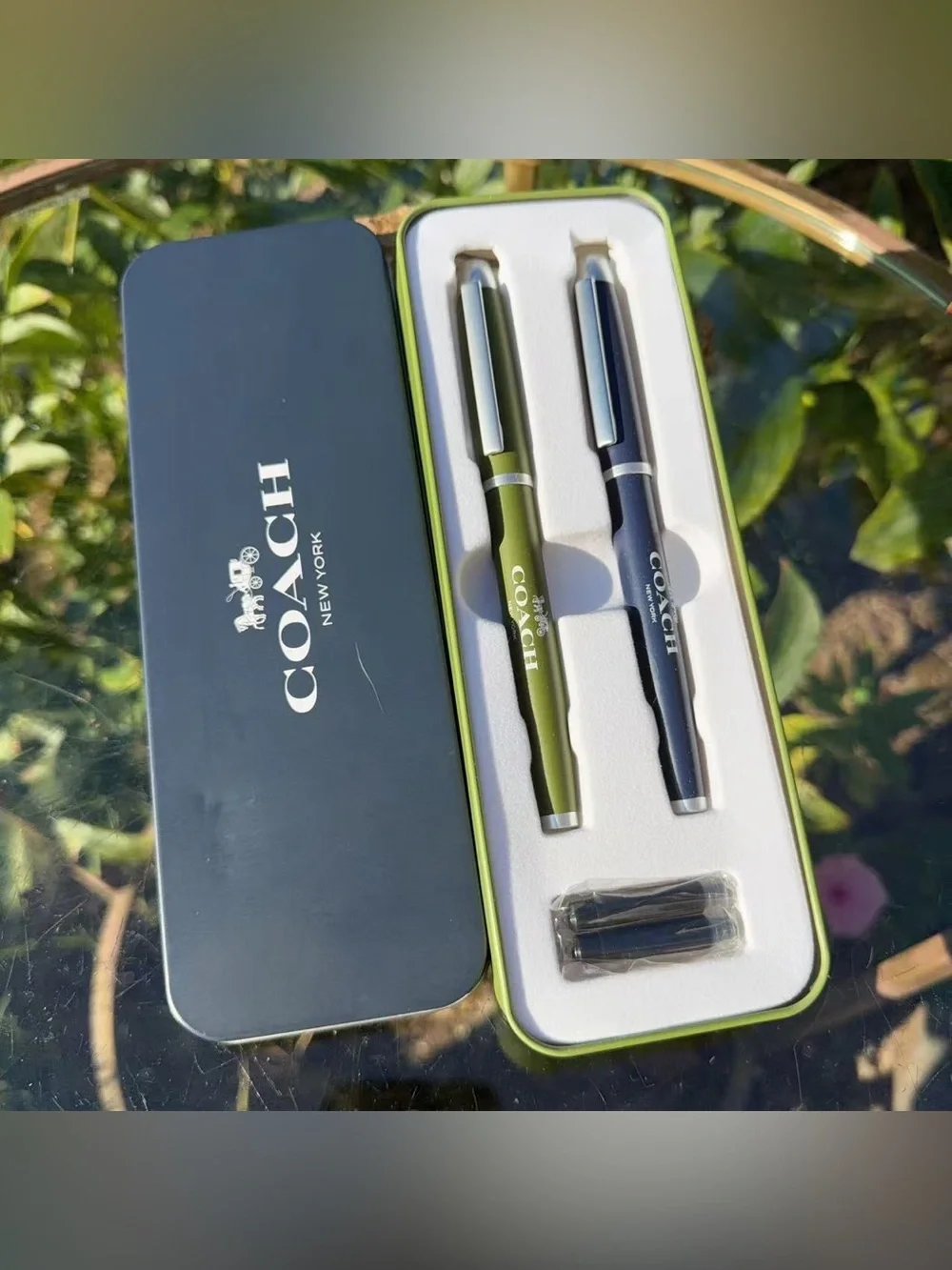 Coach Fountain Pen & Rollerball Pen Set with Metal Case and Refills